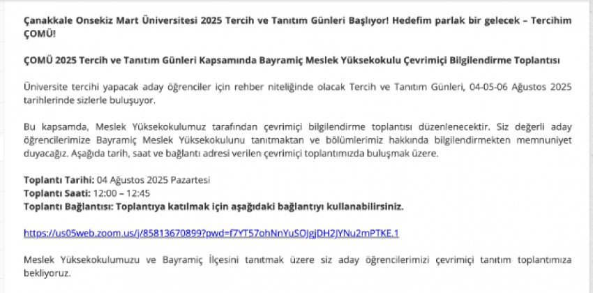 ÇOMÜ 2025 Tercih ve Tanıtım Günleri Kapsamında Bayramiç Meslek Yüksekokulu Çevrimiçi Bilgilendirme Toplantısı