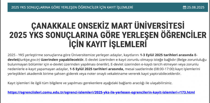 ÇANAKKALE ONSEKİZ MART ÜNİVERSİTESİ 2025 YKS SONUÇLARINA GÖRE YERLEŞEN ÖĞRENCİLER İÇİN KAYIT İŞLEMLERİ