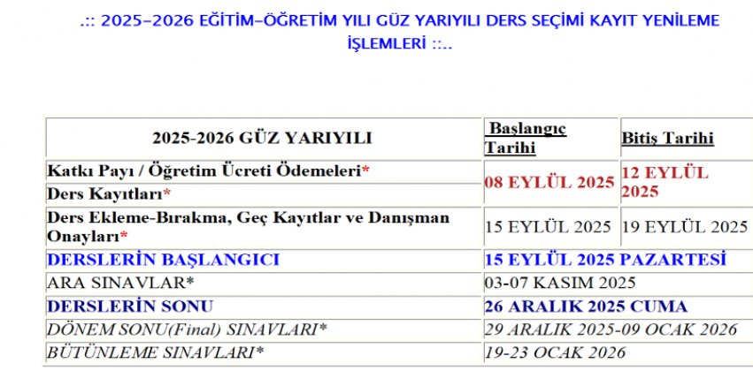 2025-2026 EĞİTİM-ÖĞRETİM YILI GÜZ YARIYILI DERS SEÇİMİ (KAYIT YENİLEME) İŞLEMLERİ