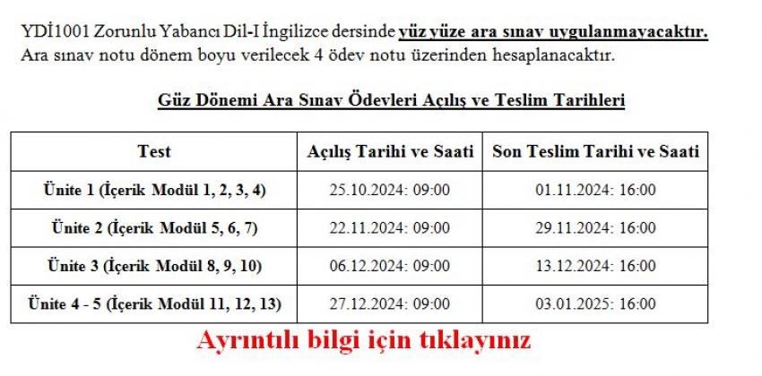 YDİ 1001 Zorunlu Yabancı Dil-I İngilizce Dersi Ara sınavı Hakkında