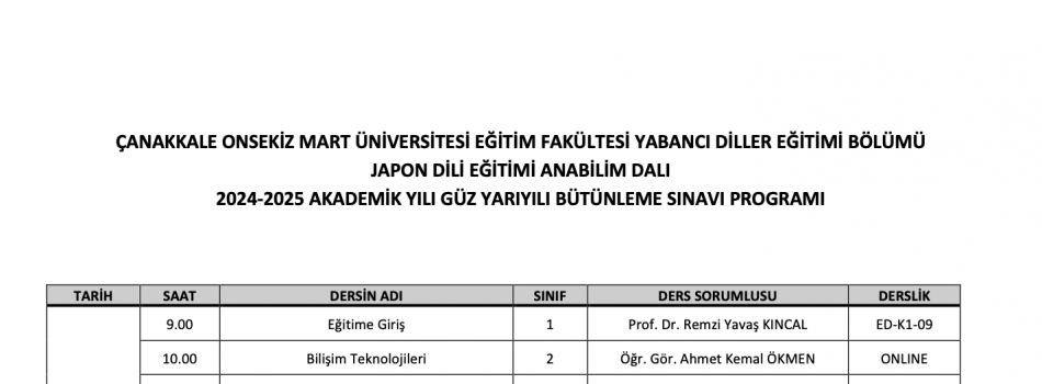 Bütünleme Sınav Programı