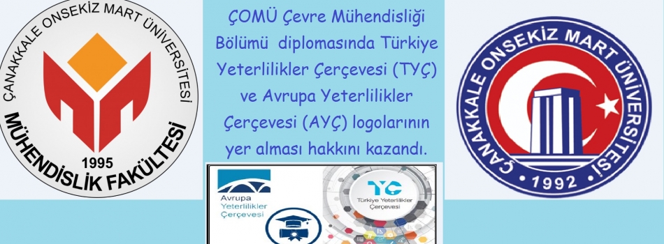 ÇOMÜ Çevre Mühendisliği Bölümü  diplomasında Türkiye Yeterlilikler Çerçevesi (TYÇ) ve Avrupa Yeterlilikler Çerçevesi (AYÇ) logolarının yer alması hakk