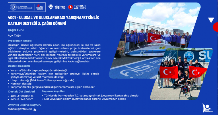 TÜBİTAK 4001 – Ulusal ve Uluslararası Yarışma/Etkinlik Katılım Desteği 3. Dönem Çağrısı Başvuruları Devam Ediyor!