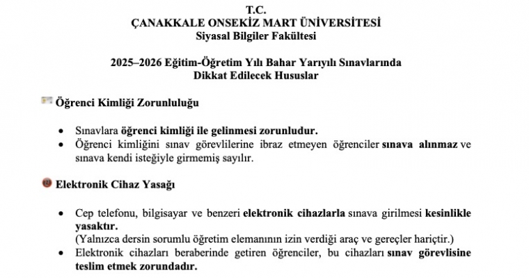 2025–2026 Eğitim-Öğretim Yılı Bahar Yarıyılı Sınavlarında Dikkat Edilecek Hususlar