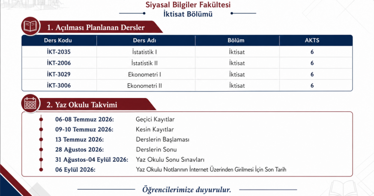 2025-2026 Eğitim-Öğretim Yılı Yaz Okulu Dersleri ve Takvimi