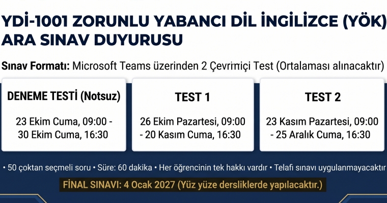 2026-2027 Güz Dönemi Zorunlu Yabancı Dil İngilizce (YÖK) Dersi Ara Sınavı