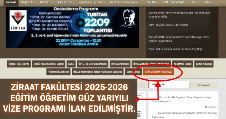 ZİRAAT FAKÜLTESİ 2025-2026 EĞİTİM ÖĞRETİM GÜZ YARIYILI  VİZE PROGRAMI